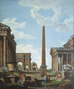 Een capriccio met Romeinse ruïnes en een scène uit het leven van Belisarius