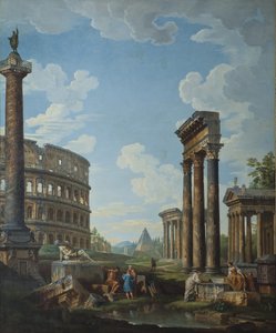 Een capriccio met figuren tussen Romeinse ruïnes inclusief de Boog van Constantijn en het Pantheon