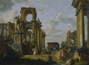 Architectonische Capriccio van het Romeinse Forum met Filosofen en Soldaten tussen Oude Ruïnes
