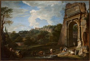Landschap met de boog van Titus door Giovanni Paolo Pannini
