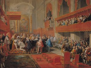 Overhandiging van de Orde van de Heilige Geest aan Prins Vaini door Paul-Hippolyte de Beauvillers (1684-1776) Hertog van Saint-Aignan in 1732, c.1752