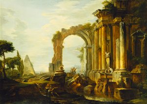 Een Capriccio van Klassieke Ruïnes met de Piramide van Cestius en Figuren in een Landschap