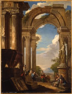 Capricci van Romeinse ruïnes met figuren