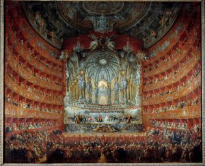 Concert gegeven in het theater Argentina in Rome op 15 juli 1747 ter gelegenheid van het huwelijk van de dauphin Louis de France (1729-1765), zoon van Lodewijk XV, met Marie Josephe van Saksen. Schilderij door Giovanni Paolo Pannini (Panini) (1691-1765) door Giovanni Paolo Pannini