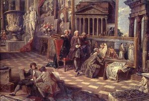 Detail van interieur van een denkbeeldige schilderijengalerij door Giovanni Paolo Pannini
