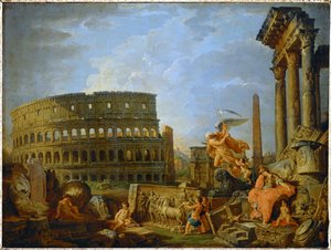 Het Colosseum en de Boog van Constantijn met de allegorie van de decadentie van het Romeinse Rijk ... (schilderij op doek)