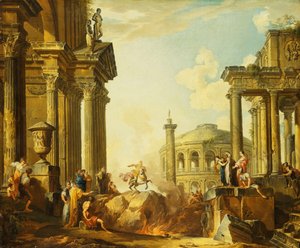 Marcus Curtius springt in de kloof, een capriccio met de zuil van Trajanus en andere klassieke gebouwen op de achtergrond door Giovanni Paolo Pannini