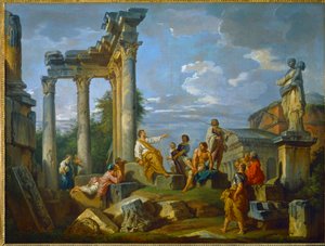 Roofdier te midden van ruïnes in Rome verrijkt met figuren, met het Pantheon en het standbeeld van Flora ... (schilderij op doek)