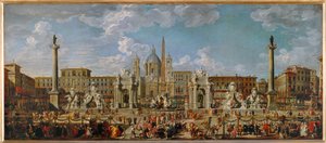 Voorbereidingen voor het vuurwerk en de versieringen voor de festiviteiten op het Piazza Navona in Rome op 30 november ...
