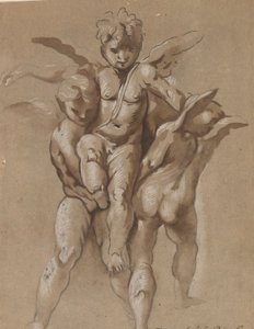 Twee Putti die een Derde Putti Dragen (recto); Een Jongeling met een Staf (verso) door Giovanni Pietro Possenti