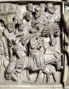 Detail van de reliëfs van de Stoel gemaakt door Giovanni Pisano (1248-1314): Detail van de reliëfs van de marmeren preekstoel, vlucht naar Egypte door Giovanni Pisano
