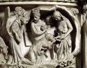 Detail van de reliëfs van de Stoel gemaakt door Giovanni Pisano (1248-1314): Detail van de reliëfs van de marmeren preekstoel, de aanbidding van de wijzen door Giovanni Pisano