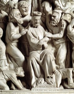 Detail van de reliëfs van de stoel door Giovanni Pisano: Jezus bespot (detail) door Giovanni Pisano