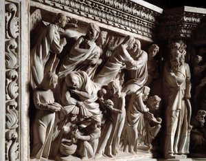 Detail van de reliëfs van de Stoel gemaakt door Giovanni Pisano (1248-1314): de annunciatie, de visitatie en de geboorte van Johannes de Doper door Giovanni Pisano