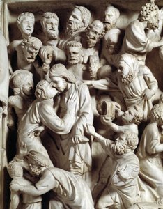 Detail van de reliëfs van de stoel door Giovanni Pisano: de kus van Judas (detail) door Giovanni Pisano