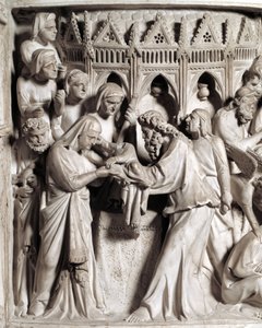 Detail van de reliëfs van de preekstoel gerealiseerd door Giovanni Pisano (1248-1314): de presentatie van Jezus in de tempel (Detail van de reliëfs van de marmeren preekstoel) 1302-1311 Kathedraal van Pisa (Duomo di Pisa), Italië door Giovanni Pisano