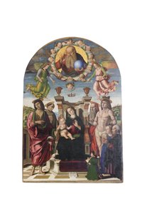 Madonna en kind op de troon met heiligen