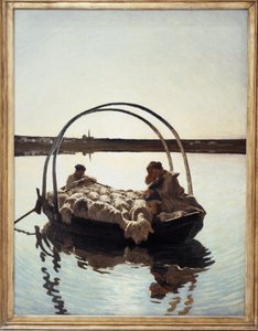 Ave Maria: Een moeder die haar kind vasthoudt met een kudde schapen op een veerboot die een rivier oversteekt
