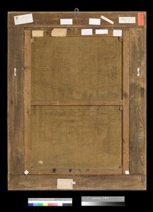Achterkant van het schilderij Het koor van de kerk van Sant