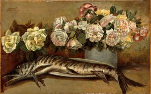 Stilleven met bloemen en vis of Snoek en rozen door Giovanni Segantini