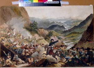 Prins Piotr Ivanovitch Bagration leidt de Kozakken naar de aanval in de Alpen