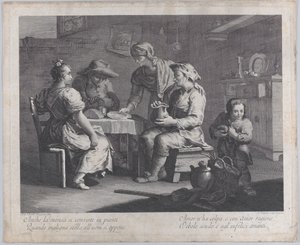 Drie mensen zittend rond een tafel links terwijl een man een leeg bord brengt... door Giovanni Volpato