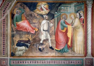 Het leven van de Maagd: de annunciatie aan Joachim en ontmoeting met St. Anna bij de gouden poort