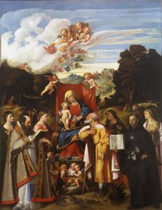 Madonna op de troon met engelen, St. Apollonia, St. Augustinus, St. Catharina, St. Jozef, St. Grata, St. Philip Benizzi en St. Barbara (St. Gotthard Altaarstuk)