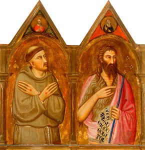 Sint Franciscus en Johannes de Doper (linkerpanelen van drieluik) door Giovanni del (follower of) Biondo