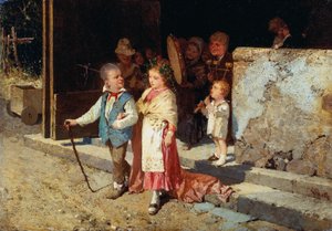 Jong getrouwd stel, door Giovanni Del Re, olieverf op paneel door Giovanni del Re