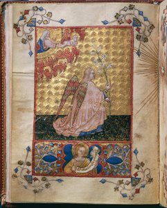 Italië, Annunciatie: de Engel met een lelie, miniatuur door Giovanni di Benedetto da Como, uit Officium Beatae Mariae Virginis door Alberto de Porcelis
