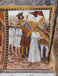 Verhalen van de Passie van Christus: Jezus gaat naar Calvarie met het kruis en wordt geholpen door Cyrenaeus door Giovanni di Cherasco Botoneri