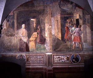 Sint Benedictus repareert de gebroken zeef, detail van de fresco cyclus van het Leven van Sint Benedictus uit de Chiostro degli Aranci, ca. 1430