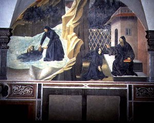 St. Benedictus stuurt Mauro om de verdrinkende Placidus uit het meer te redden (detail) door Giovanni di Consalvo (attr. to)