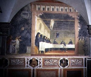 St. Benedictus en het vergiftigde brood, detail uit de fresco-cyclus van het leven van St. Benedictus uit de Chiostro degli Aranci (Klooster van de Sinaasappels) ca. 1430