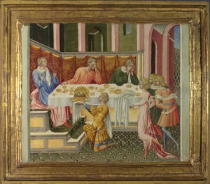 Het hoofd van Johannes de Doper gebracht naar Herodes (predella paneel) door Giovanni di Paolo