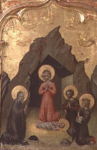 Aanbidding van het Kind door de Maagd, St. Jozef en twee heiligen door Giovanni di Paolo di Grazia