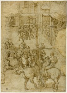 Mythologische optocht (recto); Onleesbare inscripties en anatomische studies van hoofd (verso)