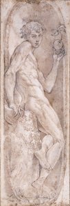 Adam met een appel, zittend, in een medaillon, ca. 1547-1553