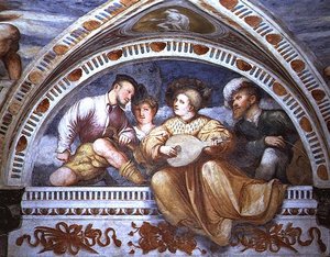 Het Concert: snaarinstrumenten, lunet door Girolamo Romanino