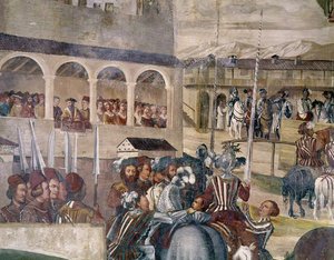 Toernooi ter Ere van Christiaan I van Denemarken bij Castello di Malpaga, detail van de linkerzijde, 1520-30 door Girolamo Romanino