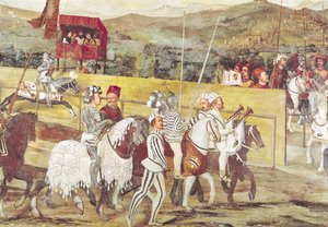 Toernooi ter Ere van Christiaan I van Denemarken bij Castello di Malpaga in 1474 (detail) door Girolamo Romanino