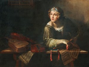 Allegorische voorstelling met muziekinstrumenten en noten, tweede helft van de 17e eeuw door Girolamo Scaglia