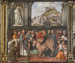 Het wonder van de muilezel, de Noordelijke Muur, School van de Heilige (detail) door Girolamo Tessari