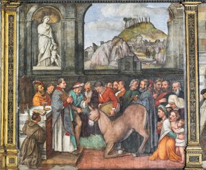 Het wonder van de muilezel, de noordelijke muur, School van de Heilige (detail) door Girolamo Tessari