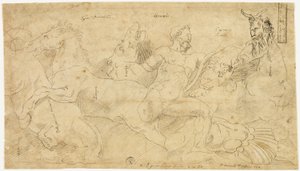 Oud reliëf met Hercules en de merries van Diomedes (recto); twee schetsen: Gedrapeerde sater en gevleugelde vrouwenfiguur (verso) door Girolamo da Carpi