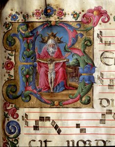 Lettrine B gedecoreerd die de Heilige Drie-eenheid (Troon van Genade) voorstelt God, Jezus Christus en de duif van de Heilige Geest (Heilige Geest). Miniatuur door Girolamo da Cremona (actief rond 1451-1483) uit een koor (Cod. 10/L. c.81v) van de kathedraa