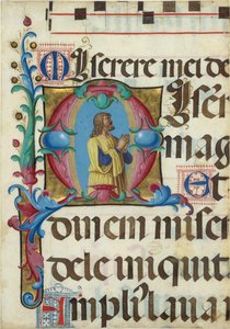 Manuscriptverlichting met David in gebed in een initiaal M, uit een Psalter door Girolamo dai Libri