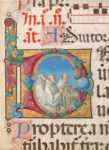 Manuscriptverlichting met zingende monniken in een initiaal D, uit een psalter, Italiaans, 1501-2 door Girolamo dai Libri