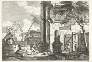 Antieke ruines met graf plunderaars en palmboom door Giuliano Giampiccoli